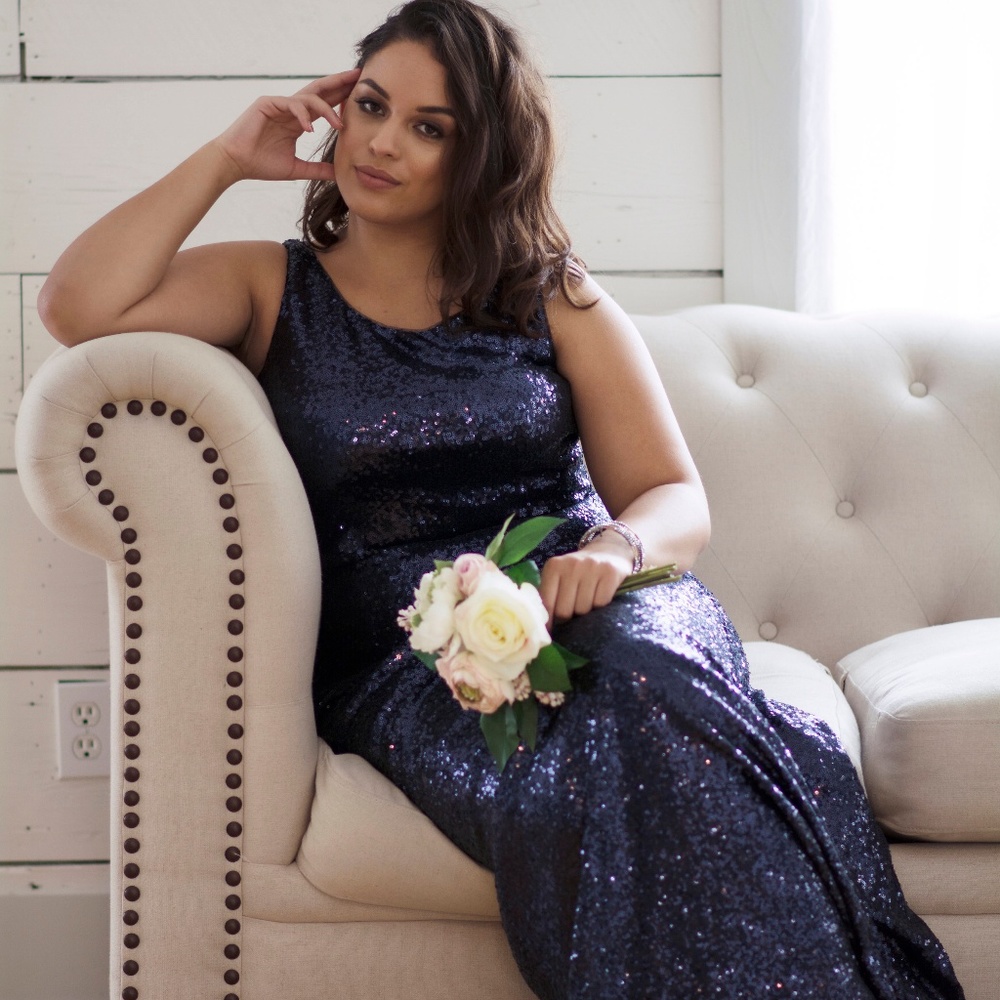 Navy Long Key Hole Back Sequin Dress by Love Tanya